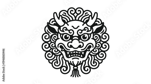 A traditional Asian guardian lion head icon. This fierce mythical Foo Dog illustration is perfect for logos, cultural designs, or martial arts branding. Black and white vector.