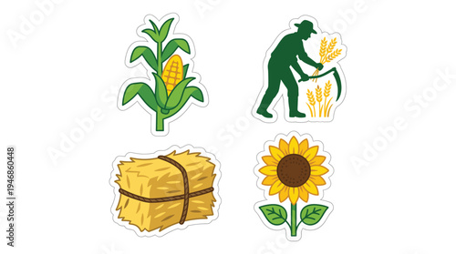 Set of farm and agriculture sticker icons. Vector collection includes a farmer harvesting, corn, hay, and sunflower. Perfect for organic food, harvest, and nature themes.