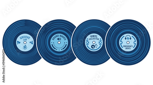 A collection of four blue vinyl records with unique music-themed labels. This vector illustration is perfect for logos, branding, music apps, and event posters.