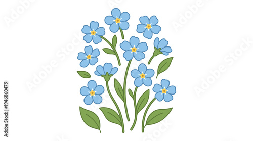 Elegant hand-drawn forget-me-not flower bouquet. A simple graphic for nature designs, botanical art, prints, and stationery. Symbol of remembrance.