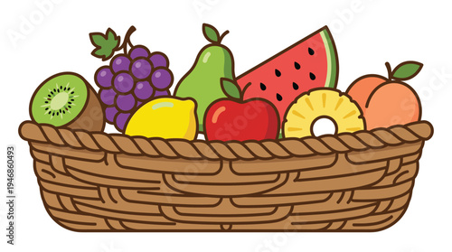 A vibrant cartoon illustration of a wicker basket filled with fresh, healthy fruits. Perfect for nutrition, grocery, or wellness concepts.