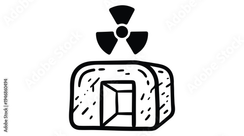 A simple hand-drawn illustration of a nuclear fallout bunker with a radiation symbol. Black and white doodle style for apocalypse, survival, or warning concepts. Vector icon.