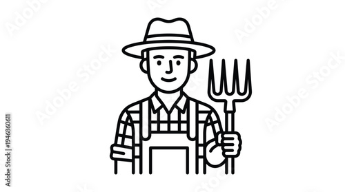 A simple line art icon of a friendly farmer in a hat and overalls holding a pitchfork. A clean, minimal vector graphic for agriculture, organic food, and farming concepts.
