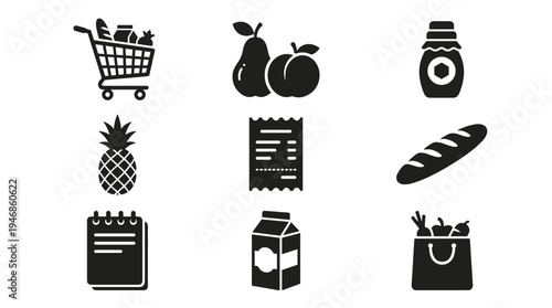 A collection of black glyph icons related to grocery shopping, food, and supermarkets. Minimalist symbols for web design, apps, and e-commerce. Vector illustration set.