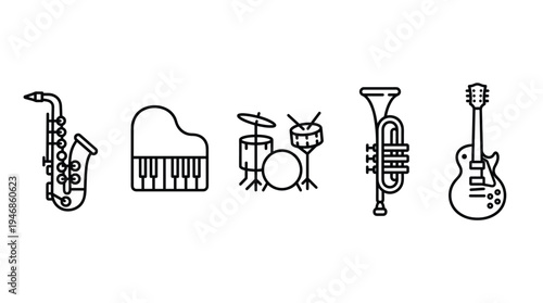A set of musical instrument icons including saxophone, piano, drums, trumpet, and guitar. Modern minimalist line art for music, band, or concert concepts. Vector graphic elements.