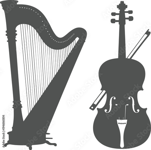 Silhouette of a Harp and Cello with Bow and Stand musical instruments black and white