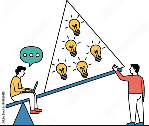 A man struggles to hold up a seesaw with a triangle covered in lightbulbs