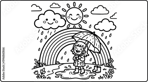 Black and white line art happy girl standing in puddle holding umbrella smiling sun and cloud raining with rainbow landscape