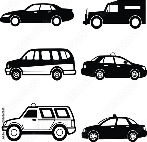 Six black and white car including sedans and taxis vehicle