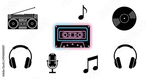 Retro music icons collection boombox cassette tape vinyl record.
