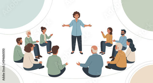 Diverse group of people in circle listening to speaker, therapy session, community meeting, support group