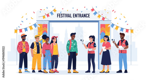 Diverse group of people entering a vibrant festival entrance with confetti and flags