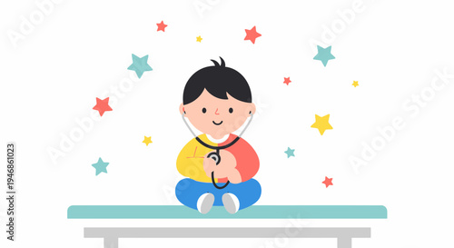 Cute Child Doctor with Stethoscope, Playing Doctor, Medical Concept, Stars Background