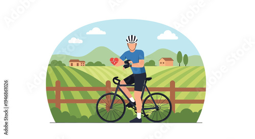 Cyclist checking heart rate on smartwatch during outdoor bike ride in countryside