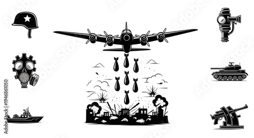 World War II military aircraft dropping bombs on enemy targets.