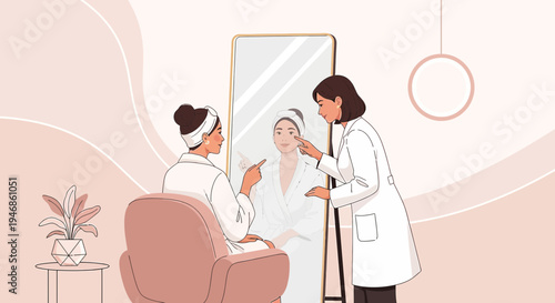 Dermatologist examining patient's face in mirror, skincare consultation, beauty treatment