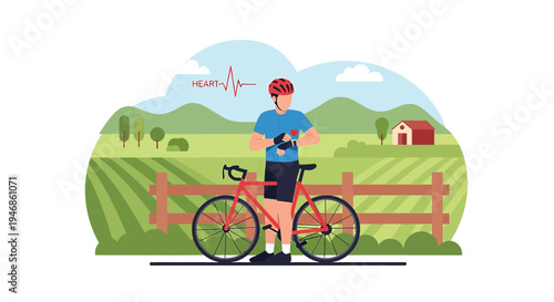 Cyclist checking heart rate on smartwatch in scenic countryside with farm and hills