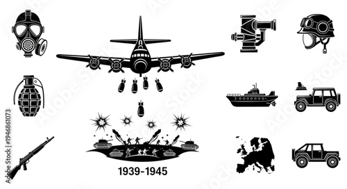 Collection of World War II military equipment and symbols.