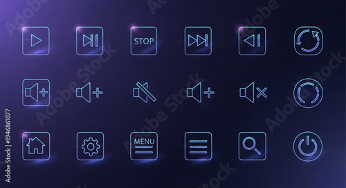 Collection of modern digital media player icons on a dark background.