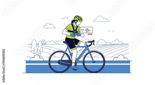 Cyclist checks smartwatch with heart rate monitor during outdoor bike ride