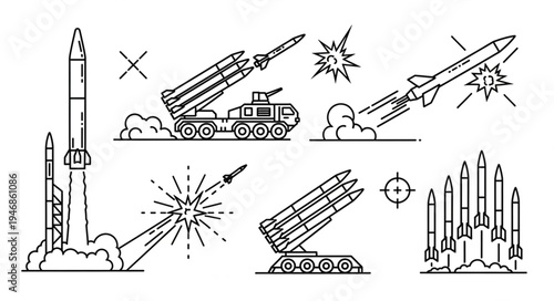 Collection of missile launch illustrations in a line art style.