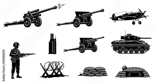 Collection of vintage military equipment and soldier silhouette.