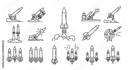 Collection of rocket launch illustrations and missile icons.