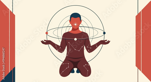 Man Meditating with Celestial Orrery and Constellations