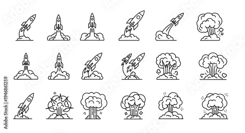 Rocket Launch and Explosion Icons Set.