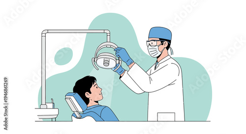 Dentist Adjusting Light for Patient in Dental Chair, Modern Dental Clinic
