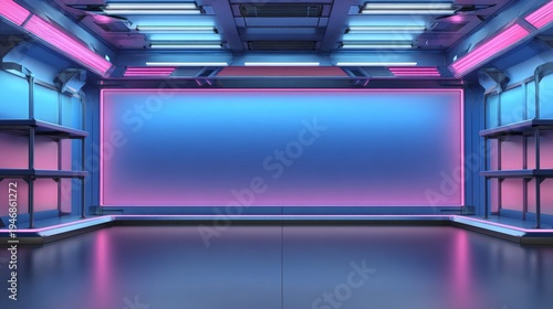 Cyberpunk sci-fi product podium in empty room with neon blue and pink background, futuristic technology and entertainment concept, 3D rendering, modern design presentation