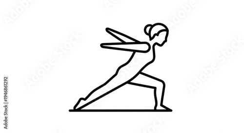 Woman practicing yoga warrior pose line art illustration.