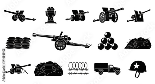 Collection of military artillery and equipment icons.