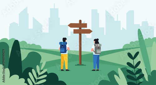 Hikers choosing direction signpost illustration, outdoor adventure decision concept, backpackers in nature landscape, travel navigation vector scene design