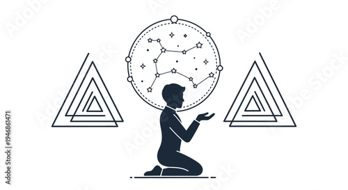 Person kneeling under constellation circle with geometric shapes