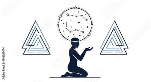 Silhouette of person praying under starry sky with geometric symbols