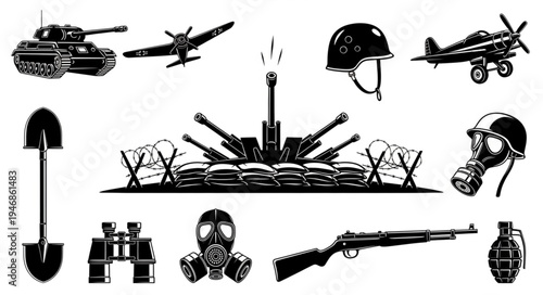 Collection of vintage military equipment and wartime symbols.