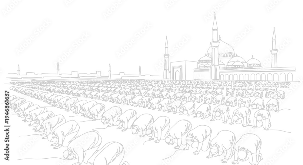 Fototapeta premium Islamic Prayer Gathering: Mosque and Crowds Praying in Rows