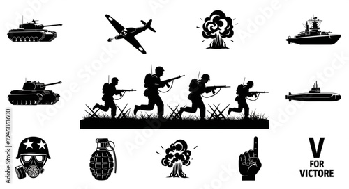 Military icons and symbols of war and victory.