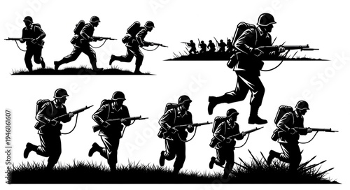 Silhouette of Soldiers Running with Rifles in Action.