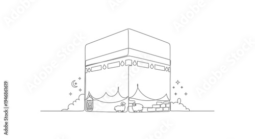 Kaaba Mosque Islamic Line Art Drawing, Mecca Pilgrimage Symbol