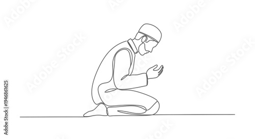 Muslim man praying, kneeling on prayer rug, one line drawing, Islamic faith