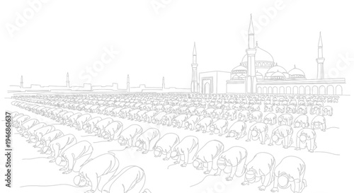 Islamic Prayer Gathering: Mosque and Crowds Praying in Rows