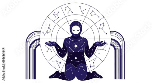 Cosmic Woman Meditating with Zodiac Constellations and Astrology Wheel