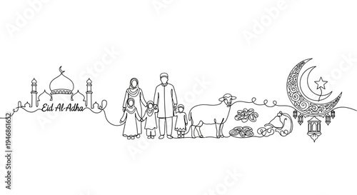Eid Al Adha Family Celebration Line Art: Mosque, Sheep, Moon, Lanterns, Stars