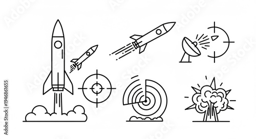 Collection of rocket and space exploration icons in line art style.