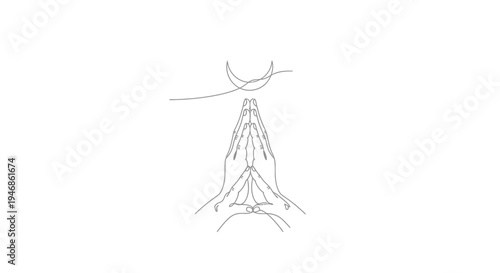 Minimalist Line Art: Praying Hands Under Crescent Moon