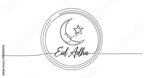 Eid Adha Islamic Holiday Greeting Card with Crescent Moon and Star - Minimalist Line Art