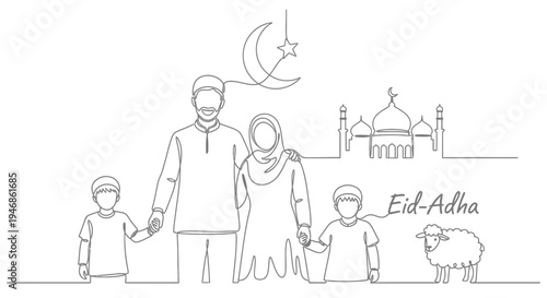 Continuous line drawing of Muslim family celebrating Eid al-Adha with mosque and sheep