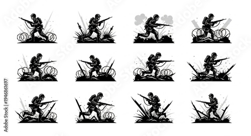 Silhouette Soldiers Running with Rifles in Combat Scene.